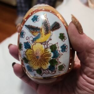 Decorative Ceramic Bird & Floral Egg - Yellow Accent